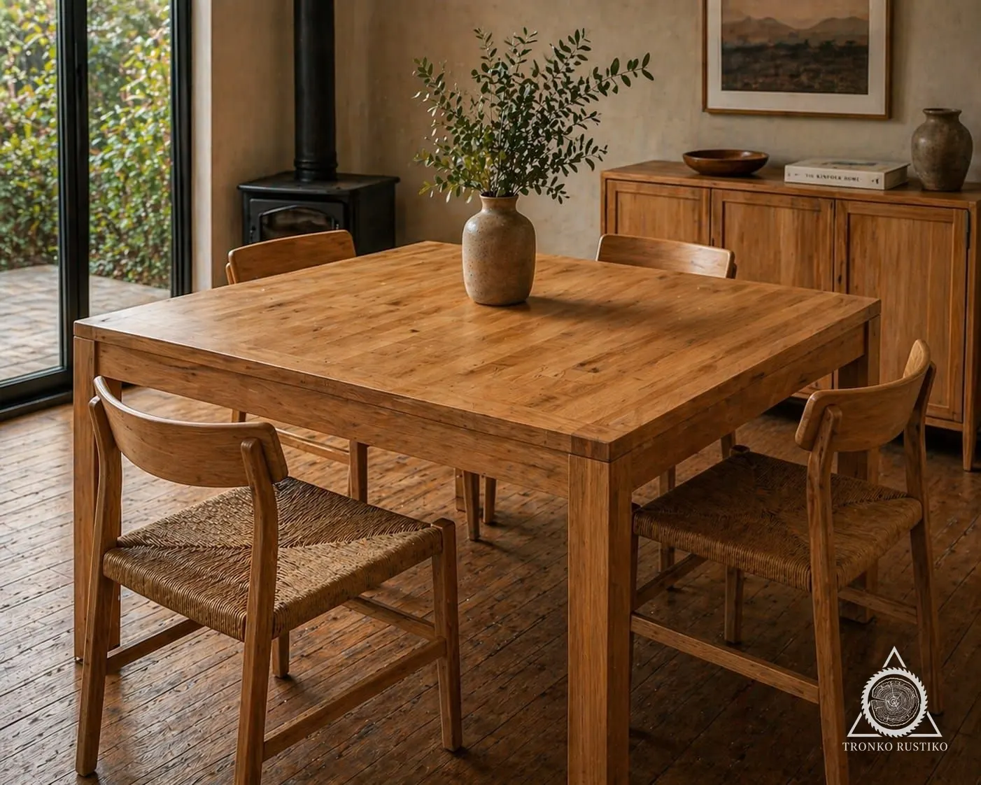 Mesa de comedor cuadrada de madera clara con patas rectas, rodeada de sillas con asiento tejido.