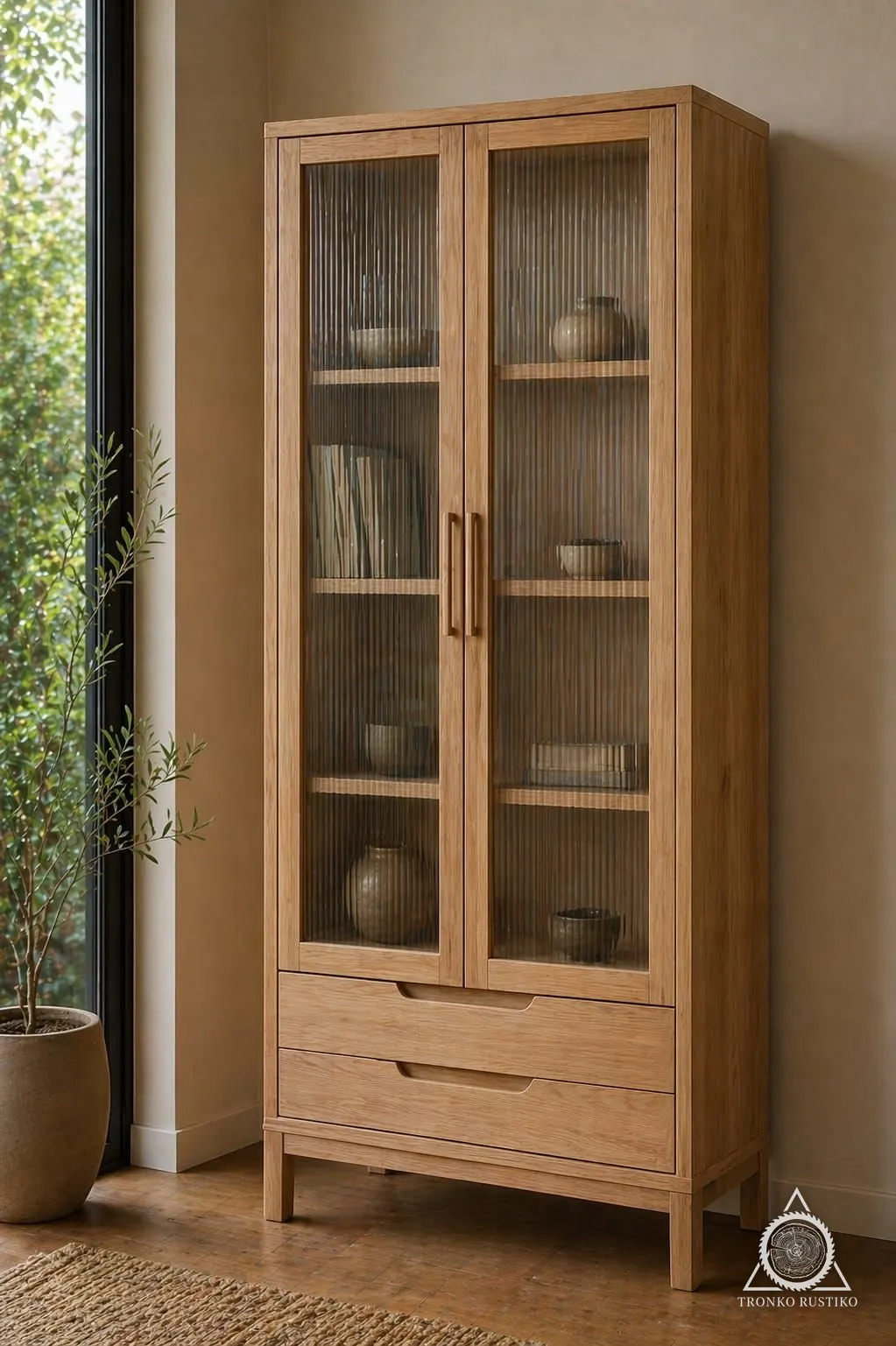Vitrina alta de madera clara con puertas de vidrio acanalado y dos cajones abajo.