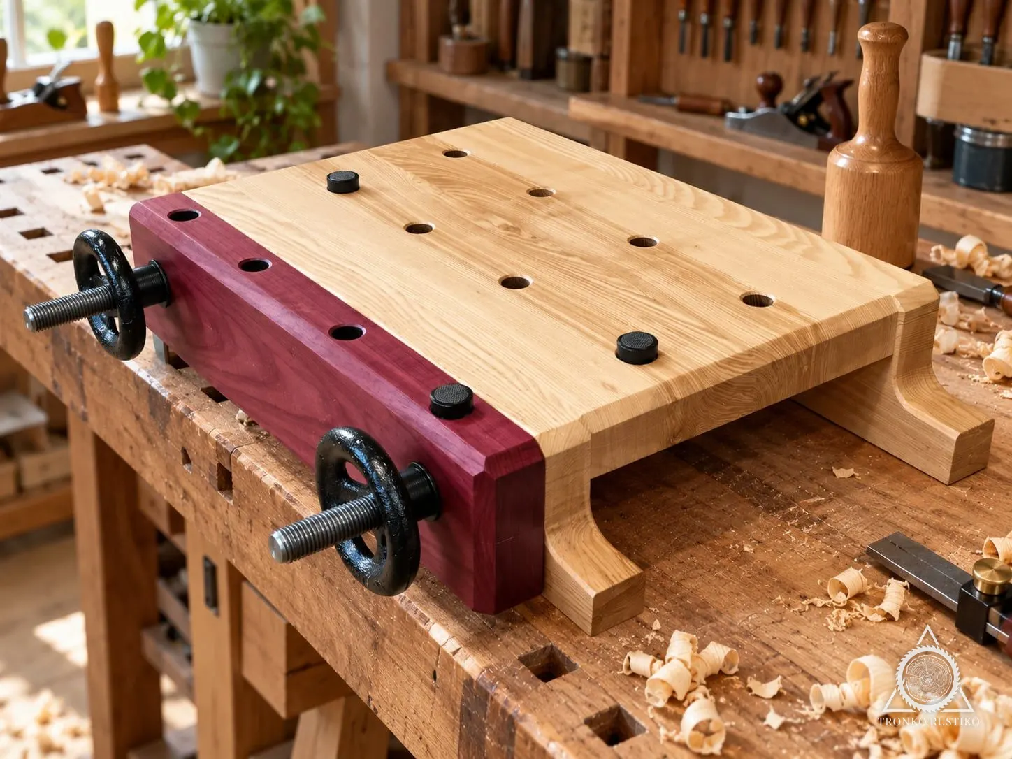 Prensa Moxon de madera clara con mandíbula frontal morada y dos volantes de apriete, sobre un banco de taller.