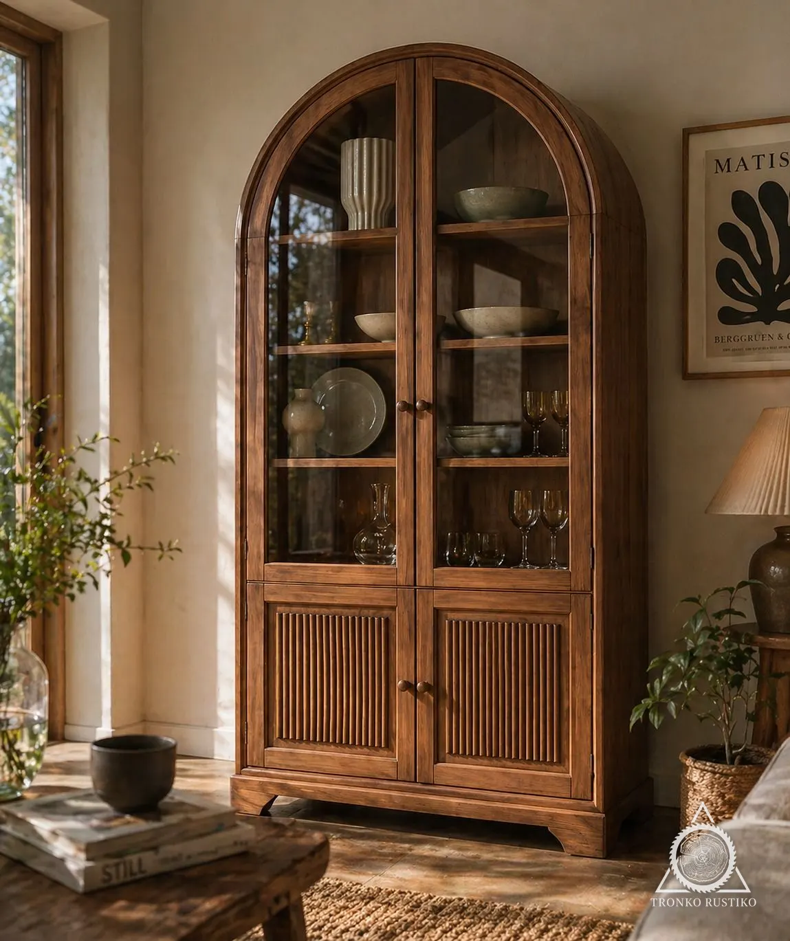 Vitrina de madera oscura con remate en arco, puertas de vidrio arriba y puertas acanaladas abajo.