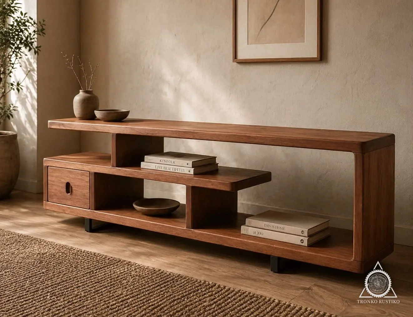 Rack bajo de madera rojiza con planos horizontales desplazados, nichos abiertos y un cajón, sobre patas metálicas negras, en un living.