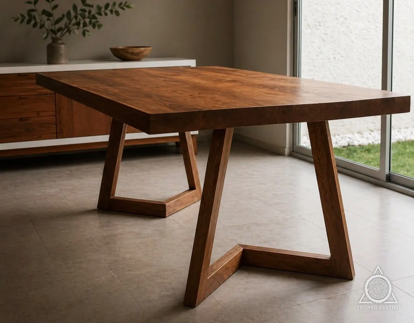 Mesa de comedor de madera con dos bases abiertas de patas inclinadas unidas por travesaños, junto a un ventanal.