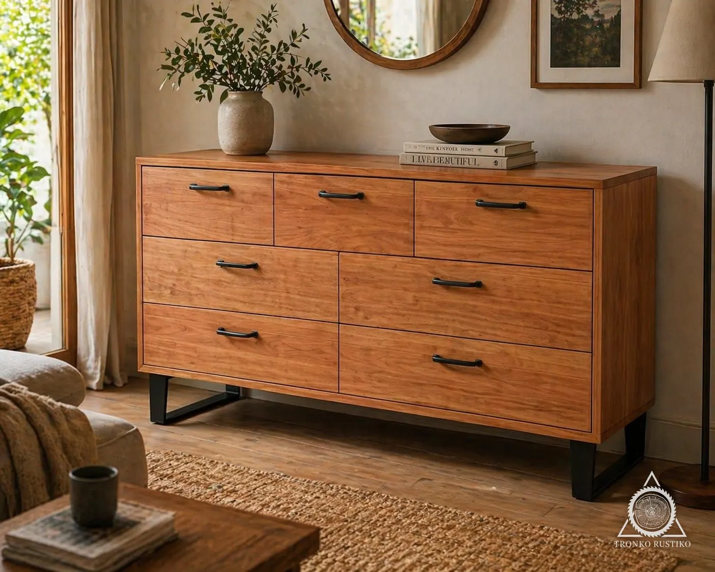 Cómoda de madera rojiza con siete cajones, tiradores negros y patas de fierro negro.