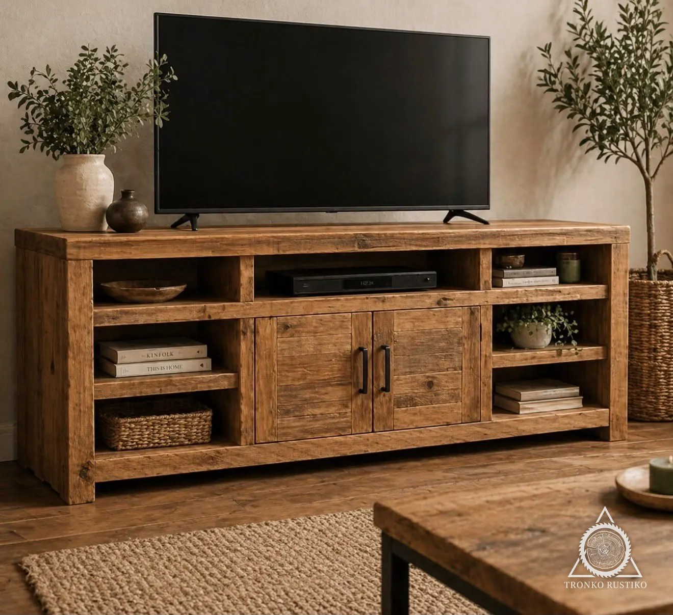 Rack rústico de madera con nichos abiertos a los lados y arriba y dos puertas centrales con tiradores negros, bajo un televisor.