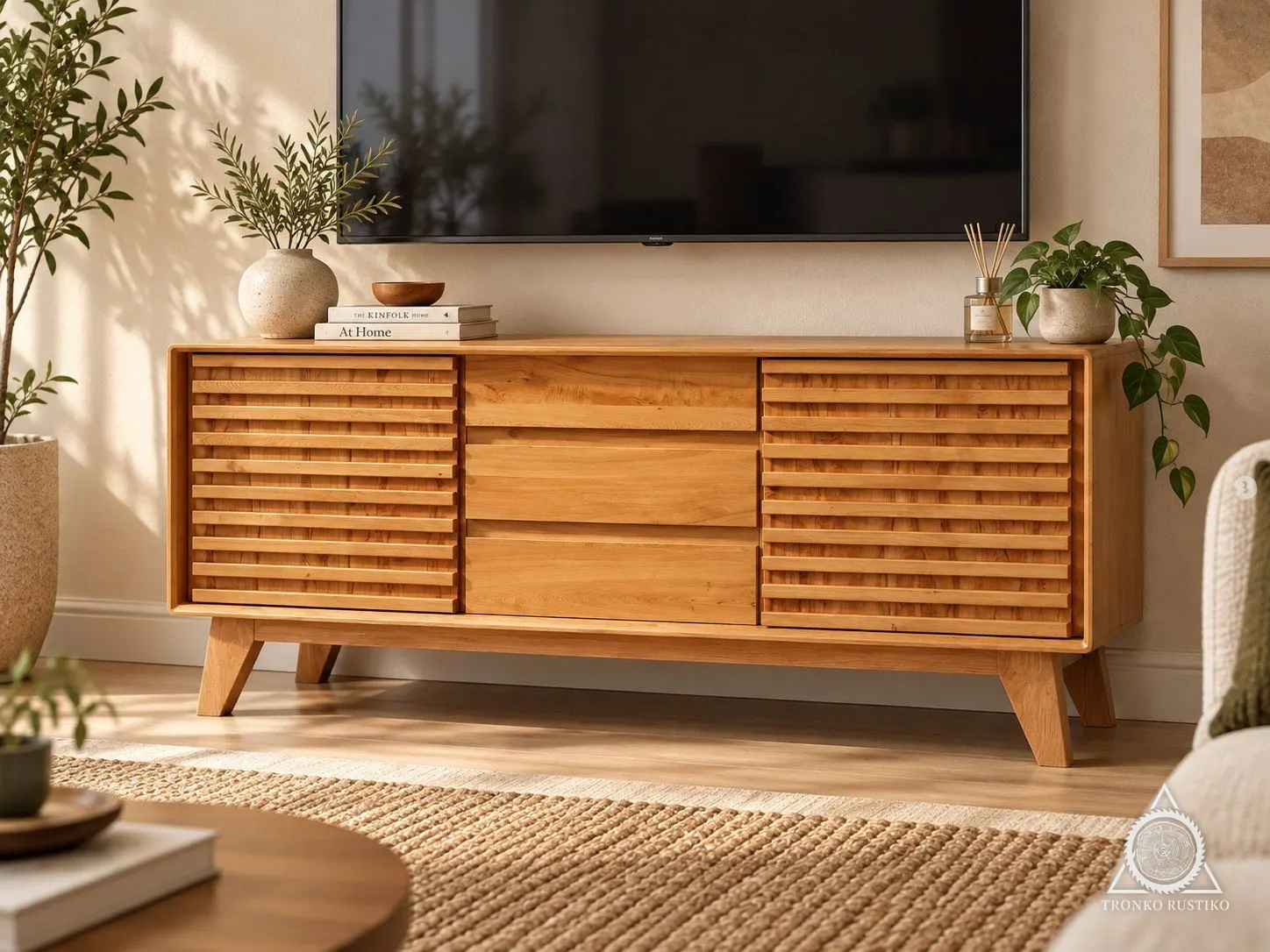 Rack de madera de esquinas redondeadas con puertas de listones horizontales a los lados, tres cajones al centro y patas inclinadas, bajo un televisor.