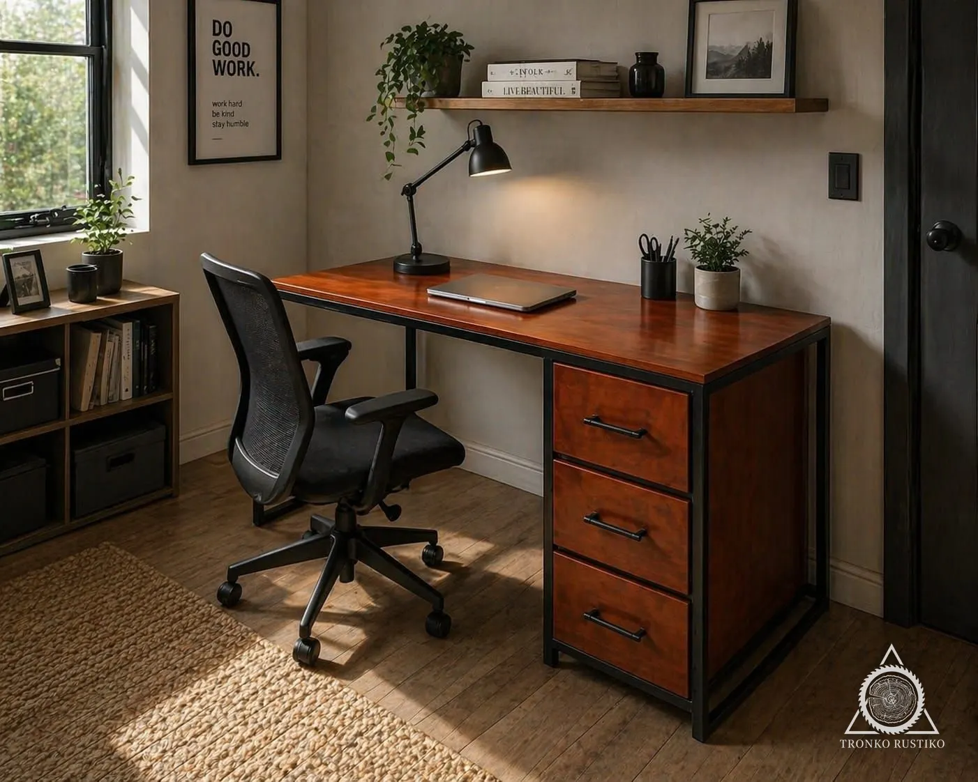 Escritorio de madera rojiza con estructura de fierro negro y cajonera de tres cajones, con silla de oficina.