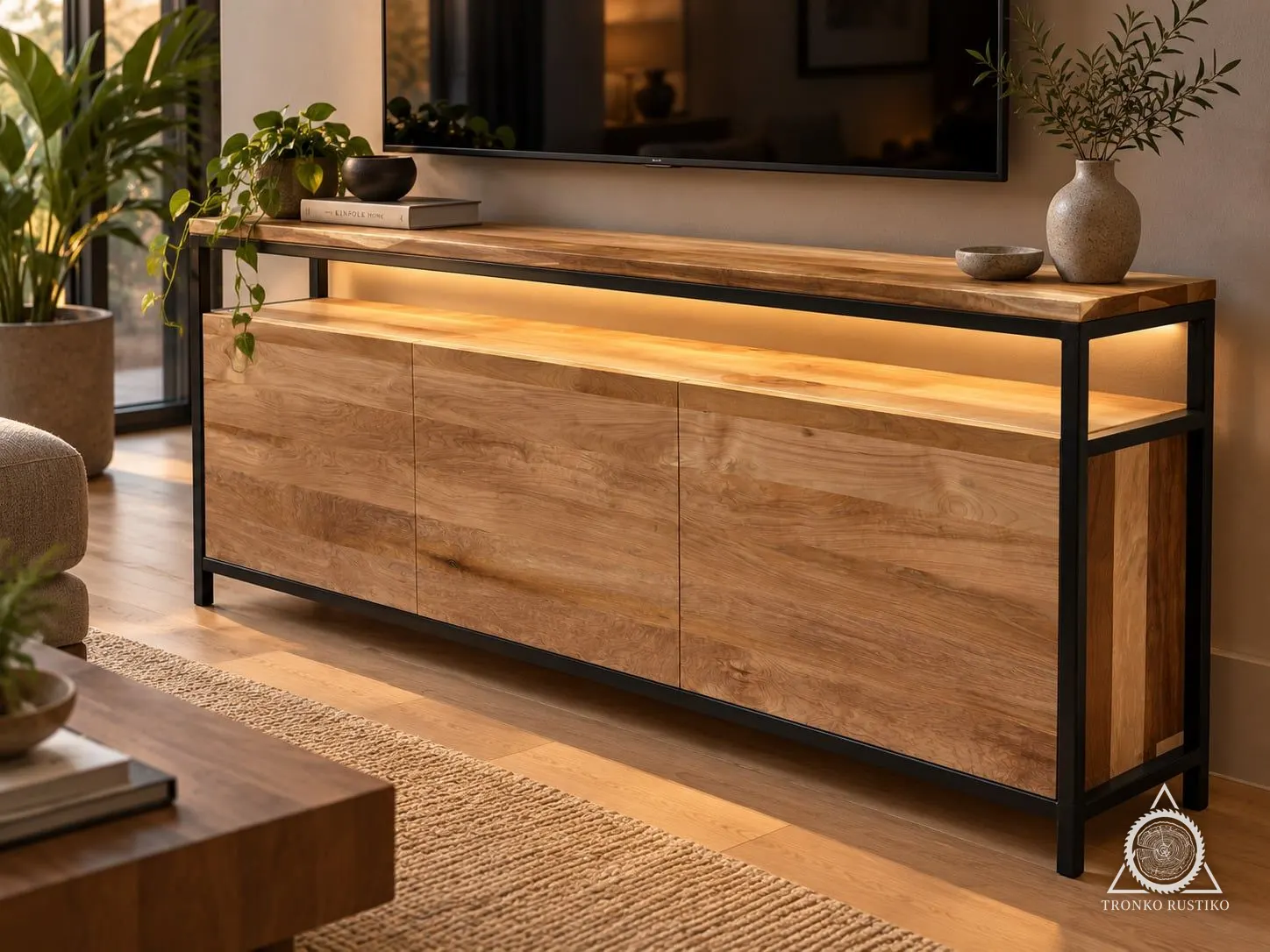 Rack de madera clara con estructura de acero negro, tres puertas y cubierta con luz LED cálida, bajo un televisor en un living.