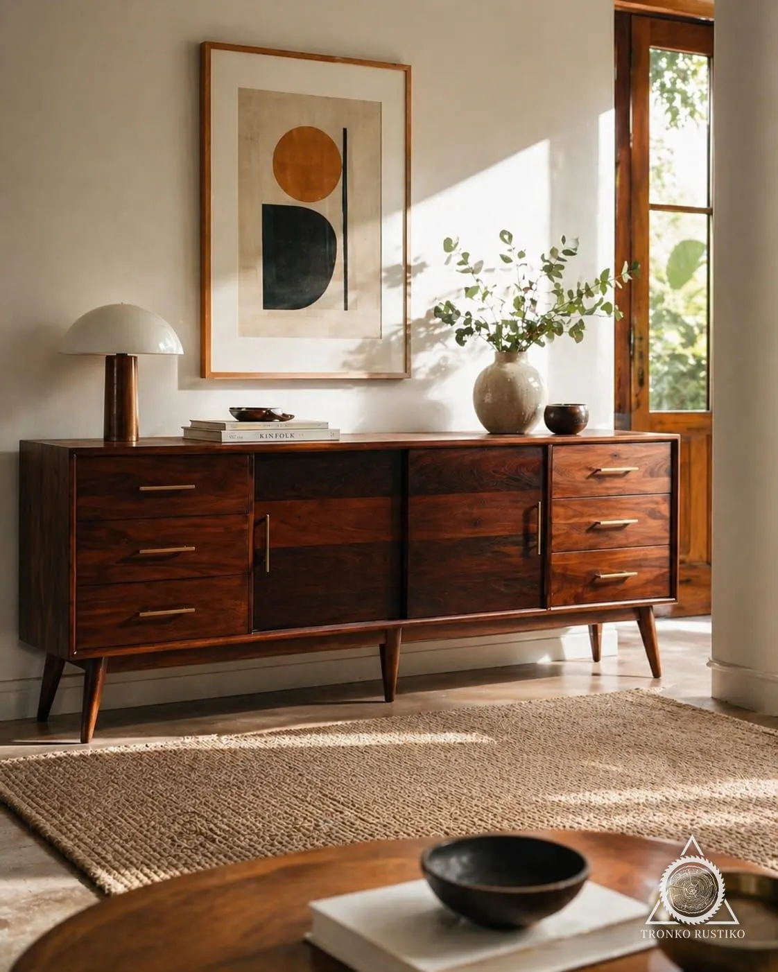 Buffet de madera oscura estilo mid-century, con cajones a los costados, puertas centrales y patas cónicas.