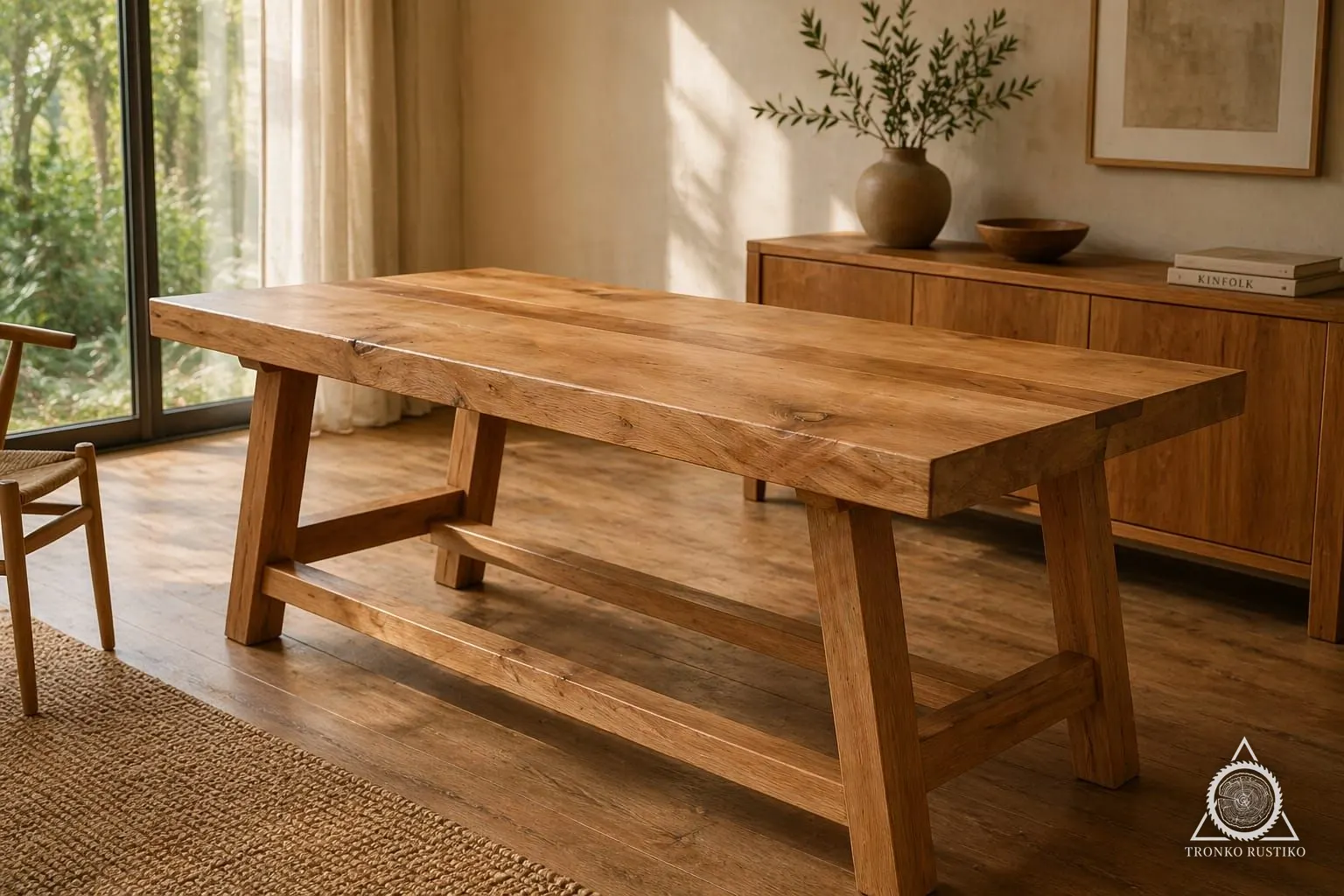 Mesa de comedor de madera con cubierta gruesa, patas de caballete y travesaño inferior.