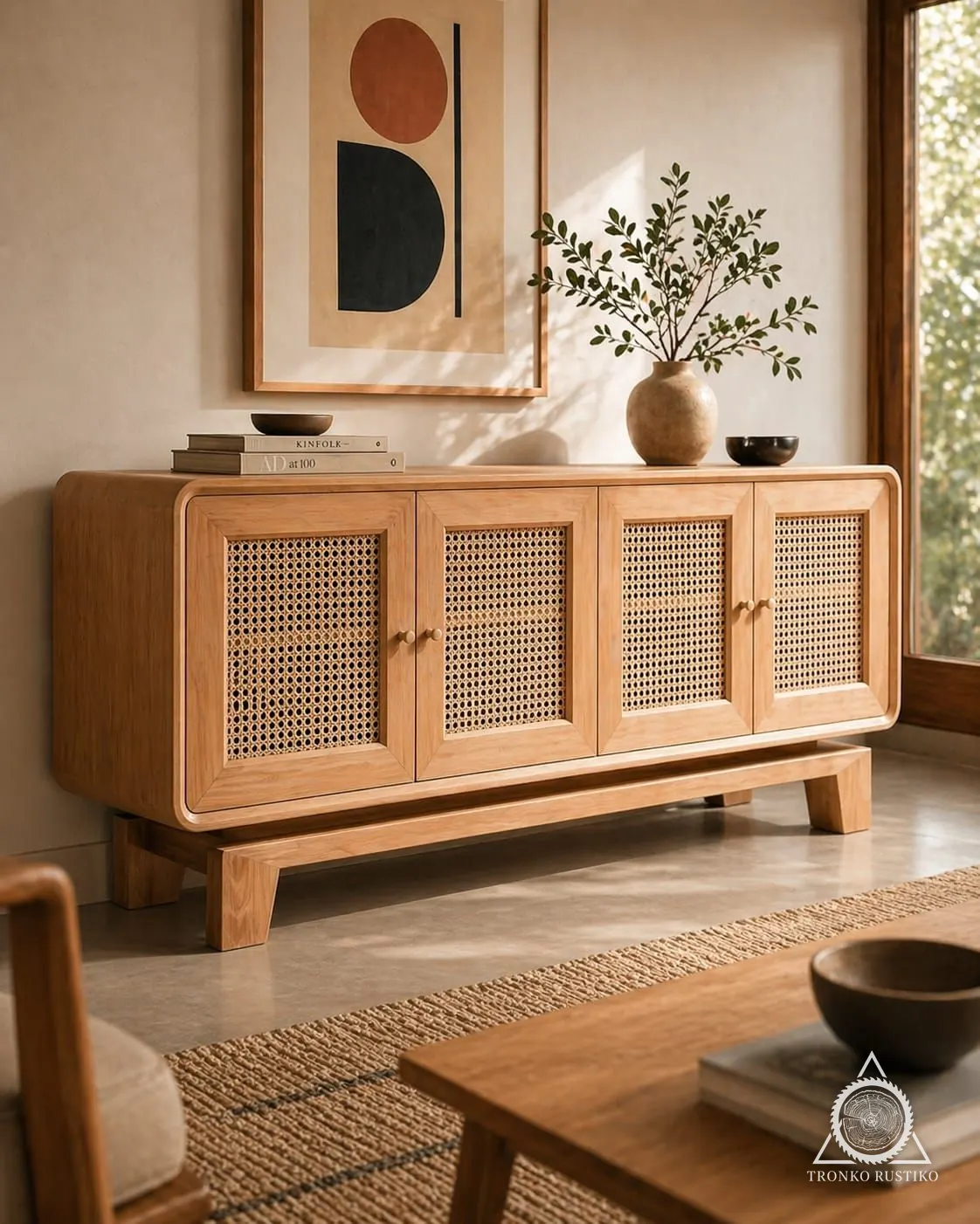 Mueble bajo de madera clara con esquinas redondeadas, cuatro puertas con rejilla de junco y base de patas inclinadas.