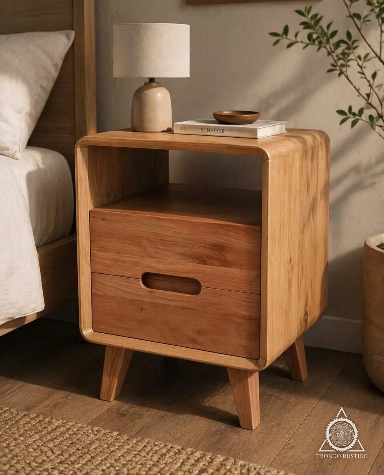 Velador de madera clara de cantos curvos con nicho abierto arriba, cajón con tirador calado y patas inclinadas, junto a una cama.