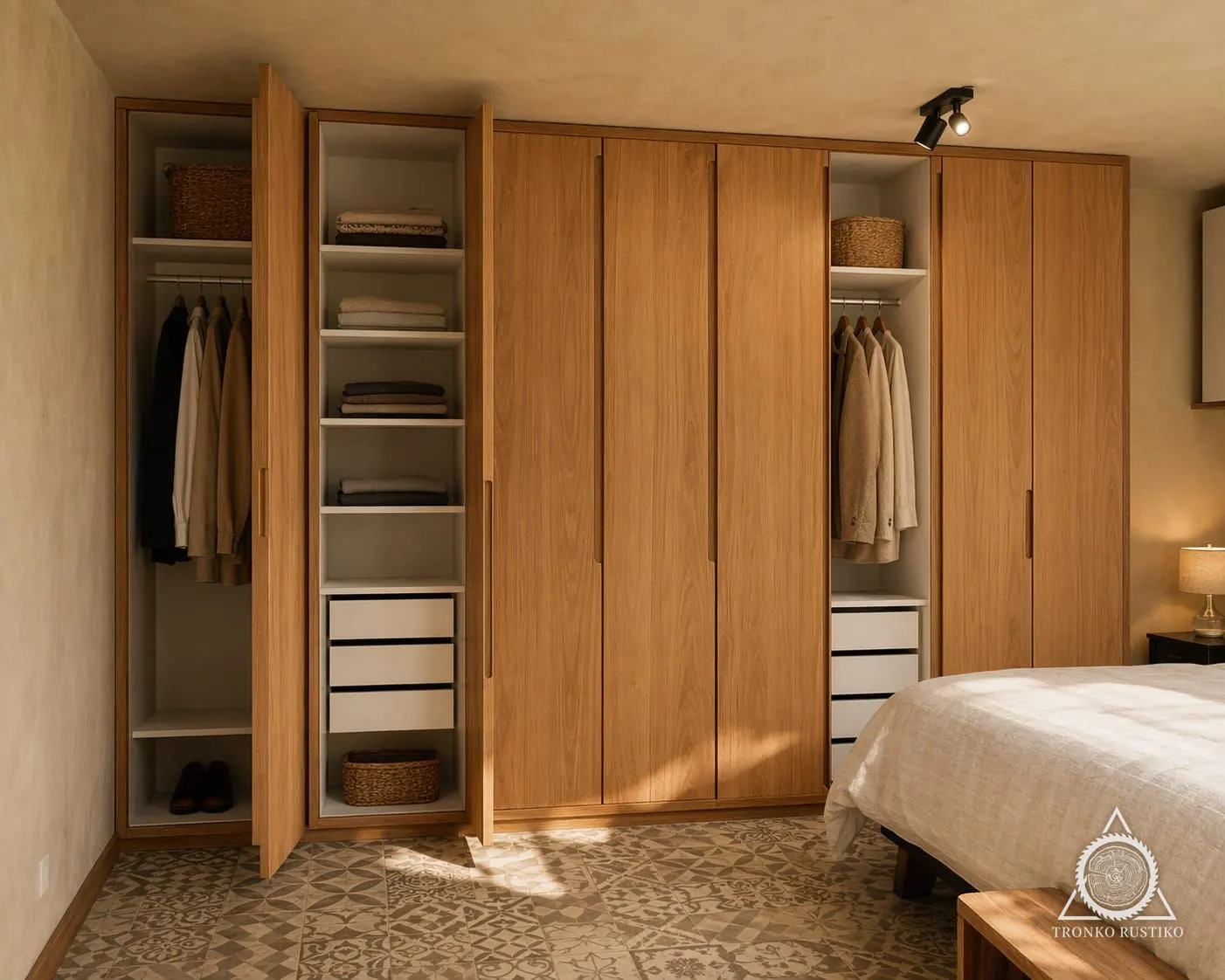Clóset de muro completo con puertas de madera clara y dos módulos abiertos con repisas, barra para colgar y cajones blancos.
