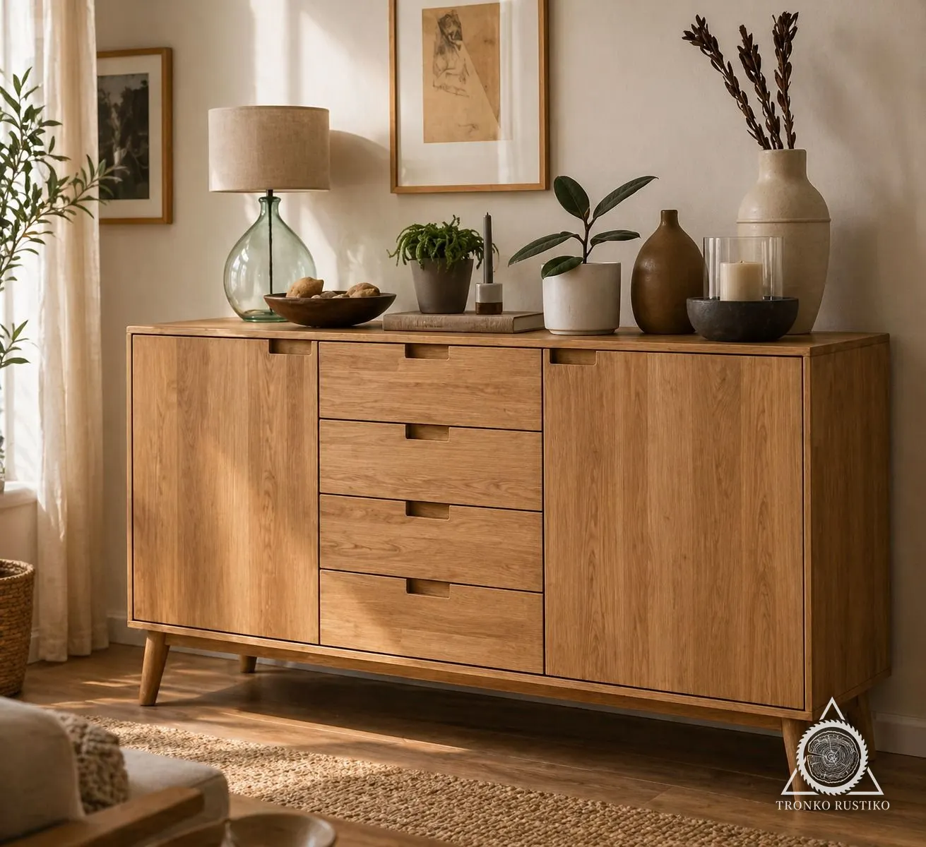 Buffet de madera clara con puertas a los costados, cuatro cajones centrales y patas inclinadas.