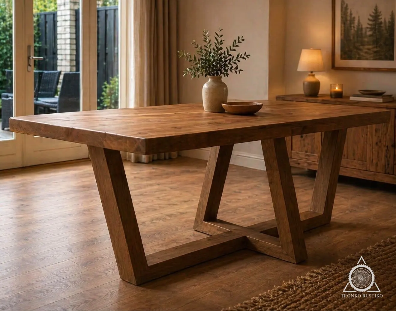 Mesa de comedor rectangular de madera con patas inclinadas en forma de trapecio unidas por travesaños inferiores.