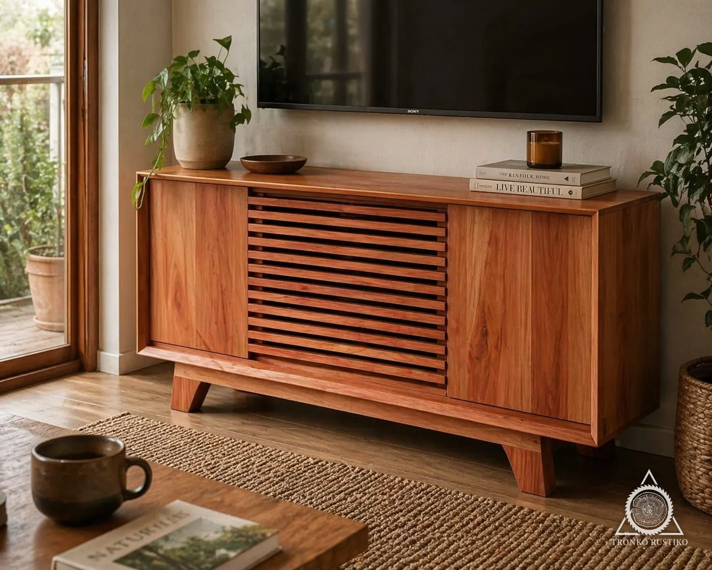 Rack de madera rojiza con puertas lisas a los lados y un panel central de listones horizontales, bajo un televisor.