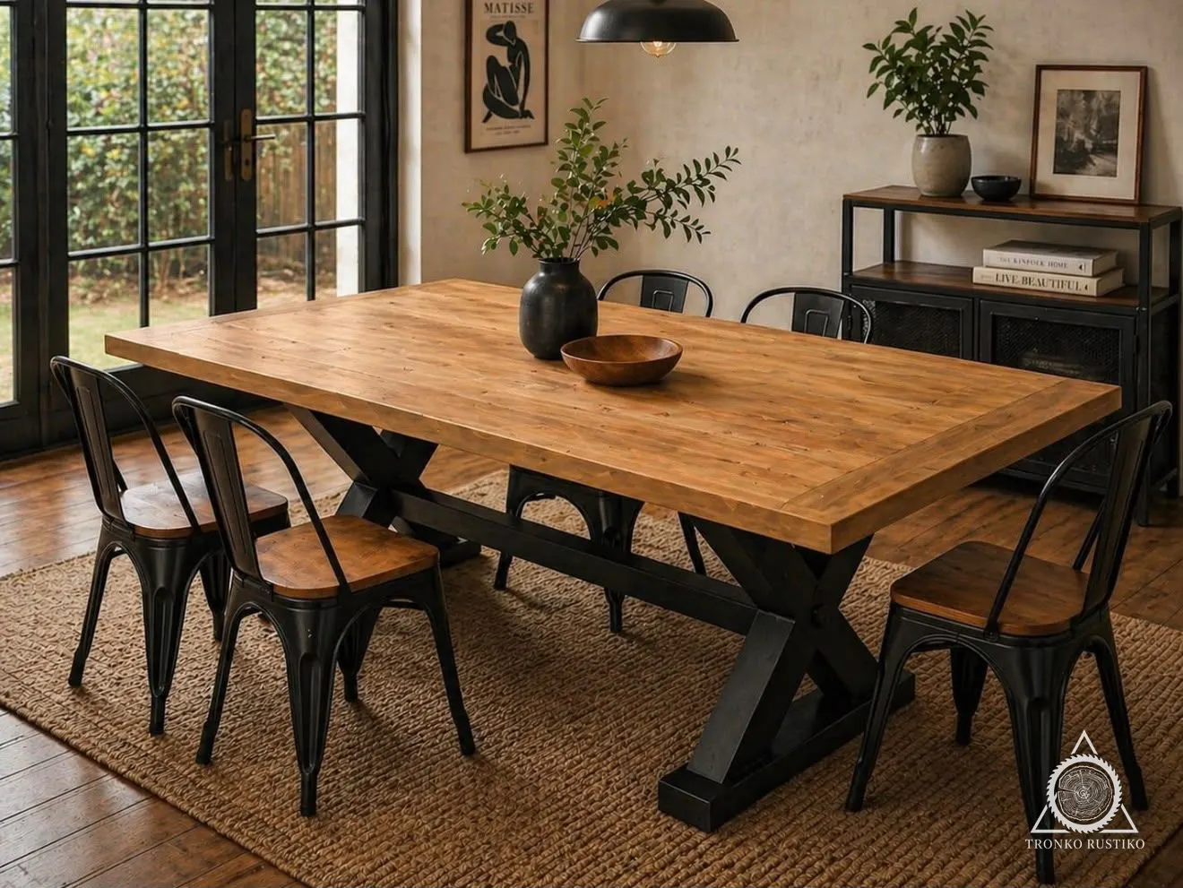 Mesa de comedor de madera clara con estructura metálica negra de doble X y travesaño longitudinal, con sillas metálicas negras.