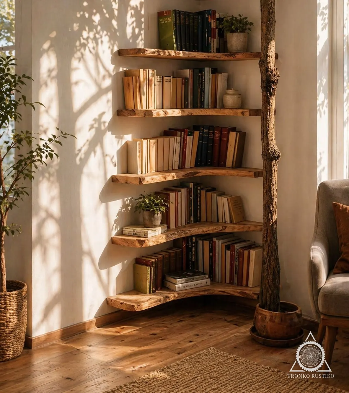 Repisa esquinera con cubiertas de madera de borde natural y un tronco como soporte, llena de libros.