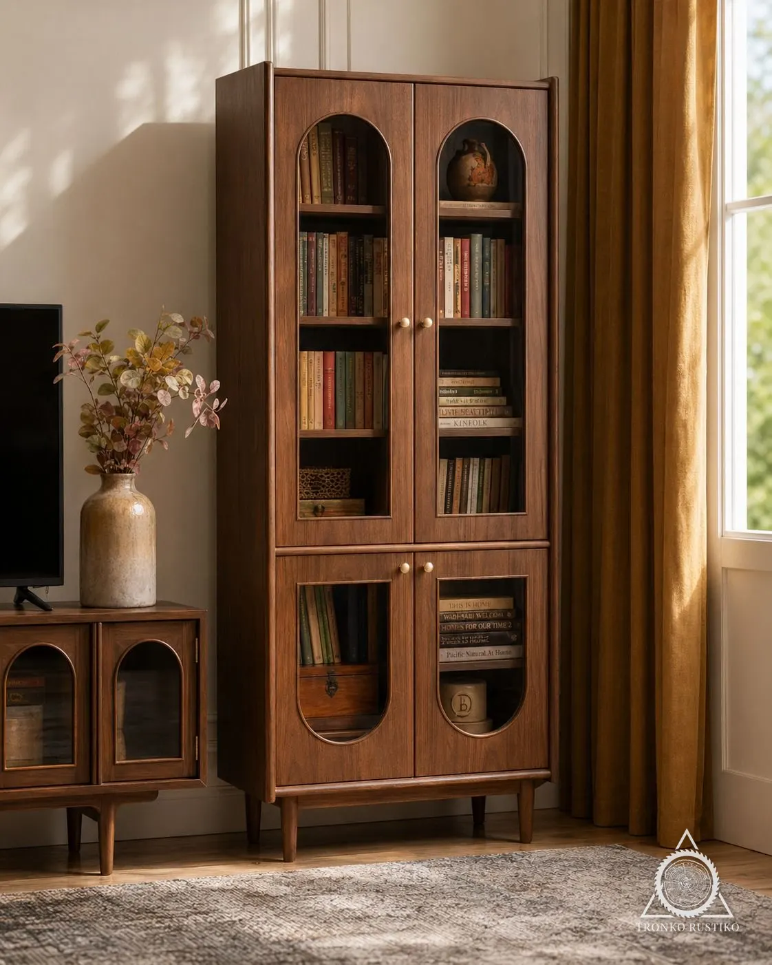 Vitrina alta de madera oscura con puertas de vidrio en arco arriba y abajo.