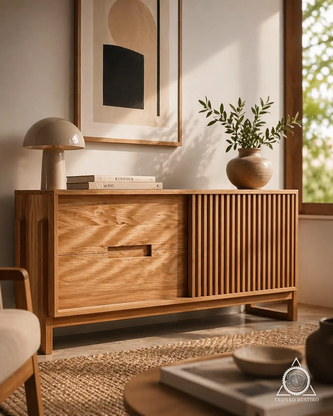 Rack de madera con dos cajones grandes a la izquierda y una puerta de listones verticales a la derecha.