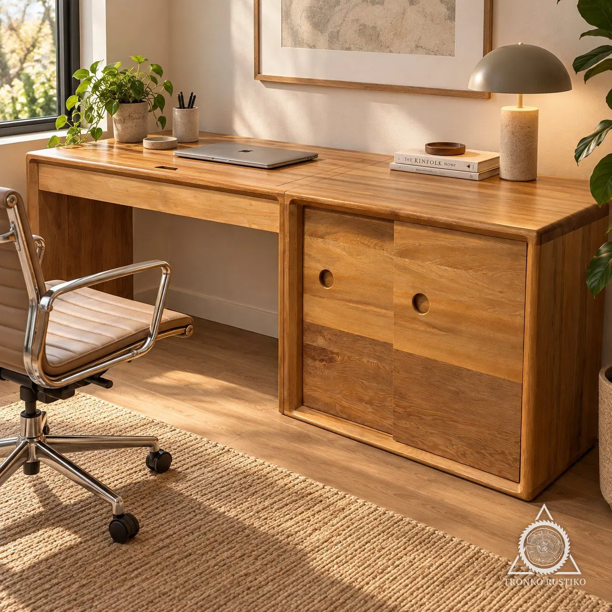 Escritorio de madera con bordes redondeados y un módulo lateral de puertas correderas con tiradores circulares, junto a una silla de oficina.