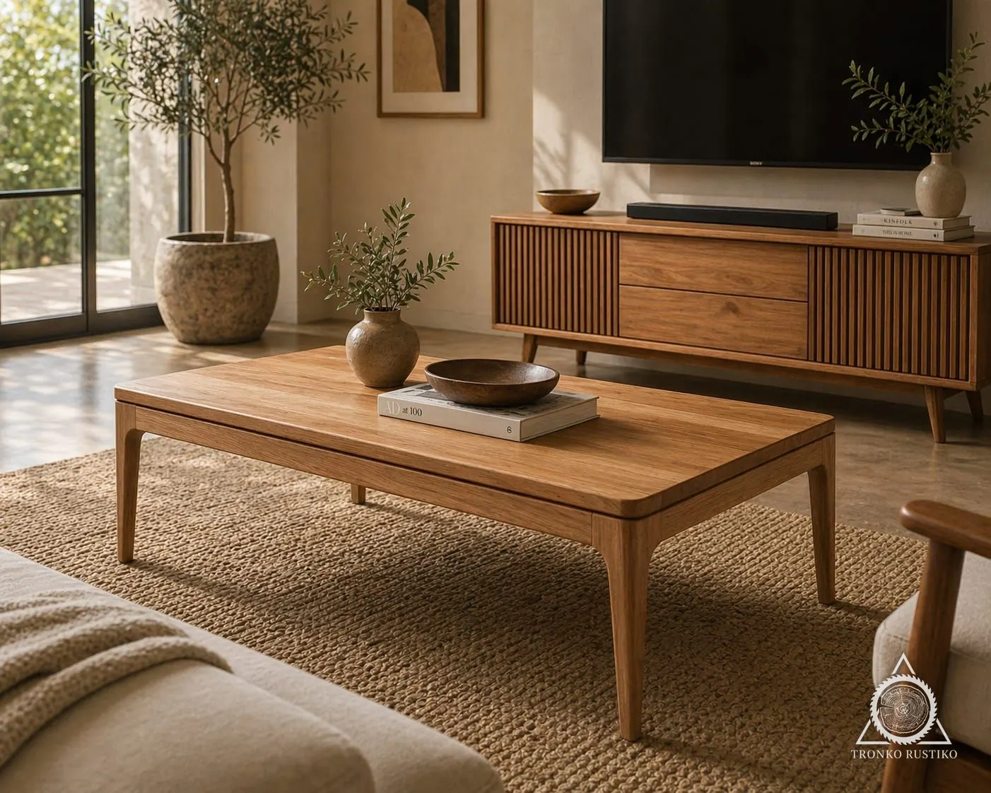 Mesa de centro rectangular de madera con cantos redondeados y patas finas, en un living.