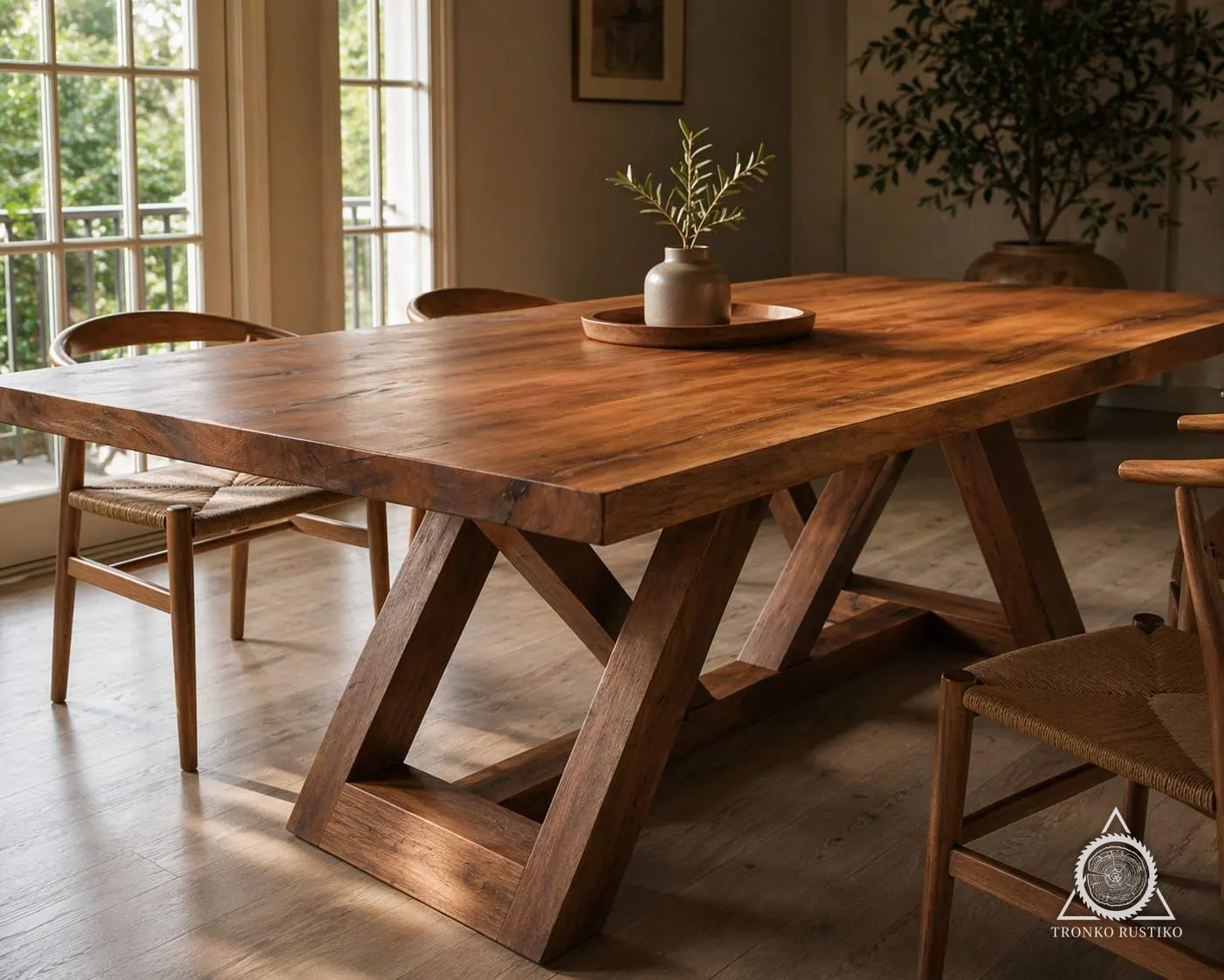 Mesa de comedor larga de madera con bases cruzadas tipo caballete.