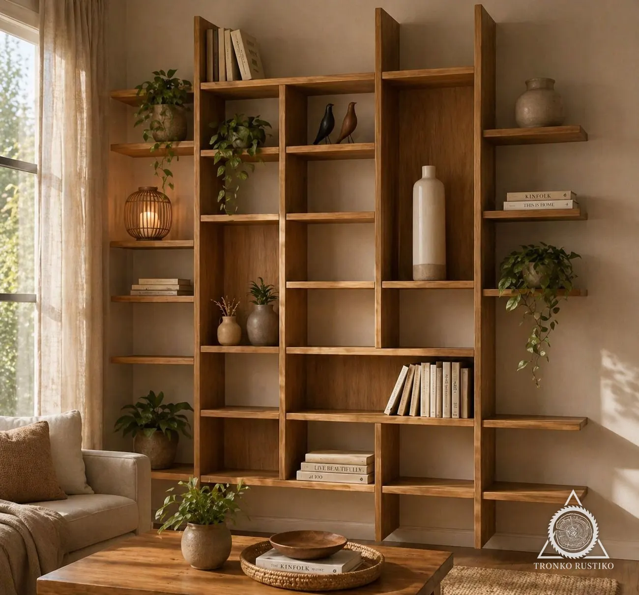 Biblioteca de muro de madera con módulos verticales y repisas que se extienden hacia los lados.