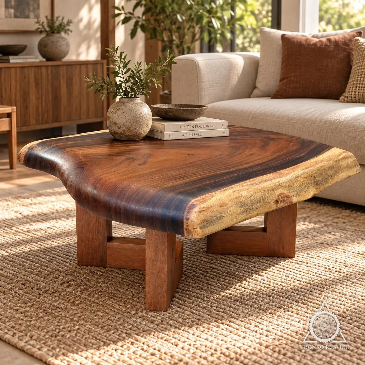 Mesa de centro con cubierta gruesa de madera oscura de borde natural sobre bases macizas, en un living con sofá claro.