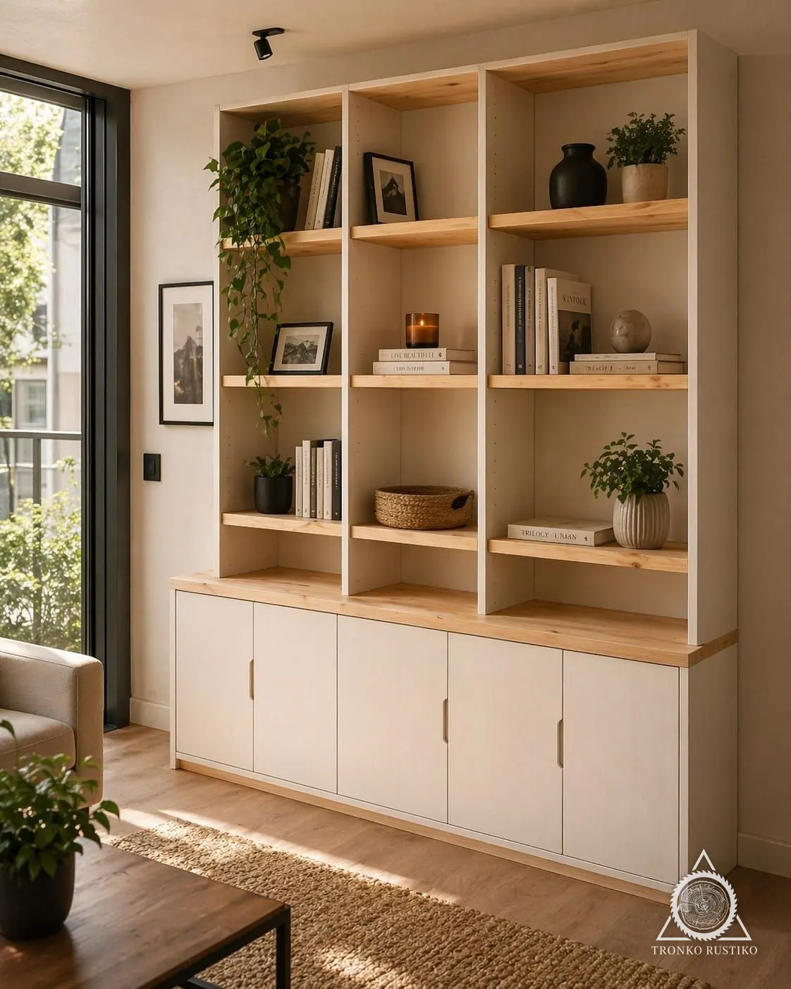 Librero blanco con repisas de madera clara arriba y puertas blancas abajo.