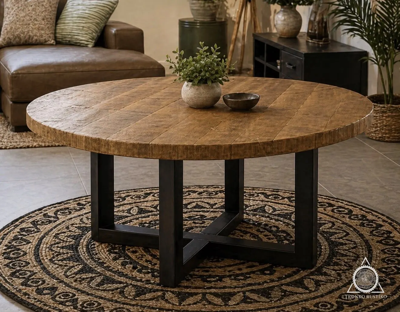 Mesa de centro redonda de madera natural con estructura de acero negro de patas verticales y travesaños entrecruzados, sobre una alfombra.
