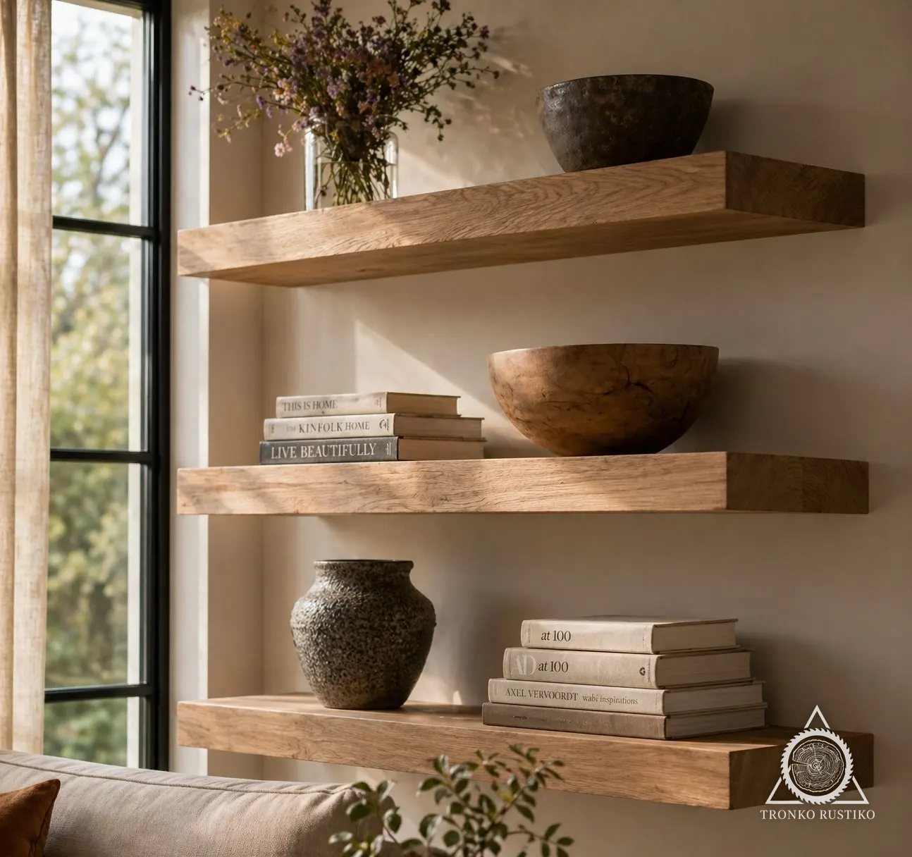 Tres repisas flotantes de madera gruesa en un muro, con libros y adornos.