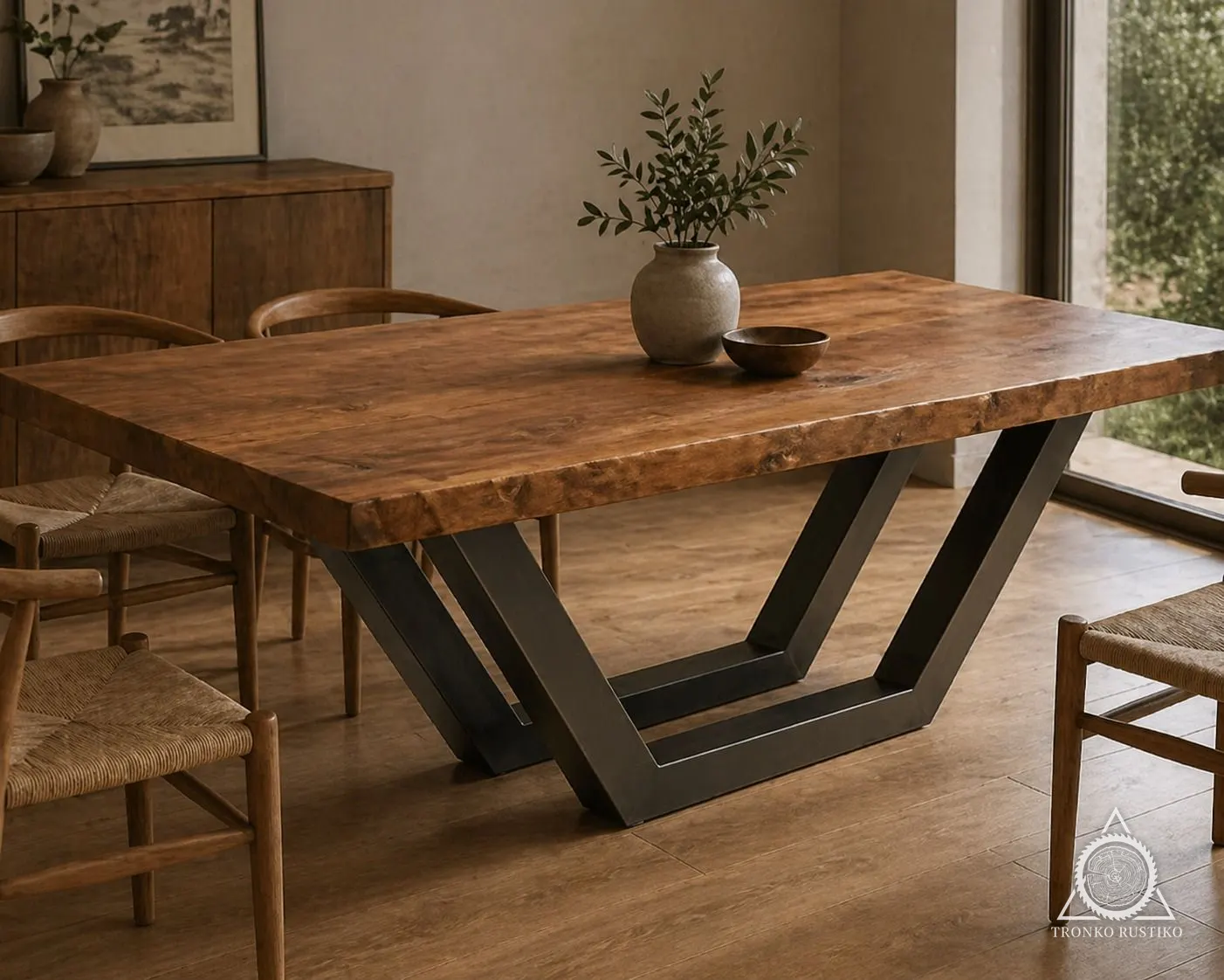 Mesa de comedor con cubierta gruesa de madera sobre una base de fierro negro de líneas geométricas.