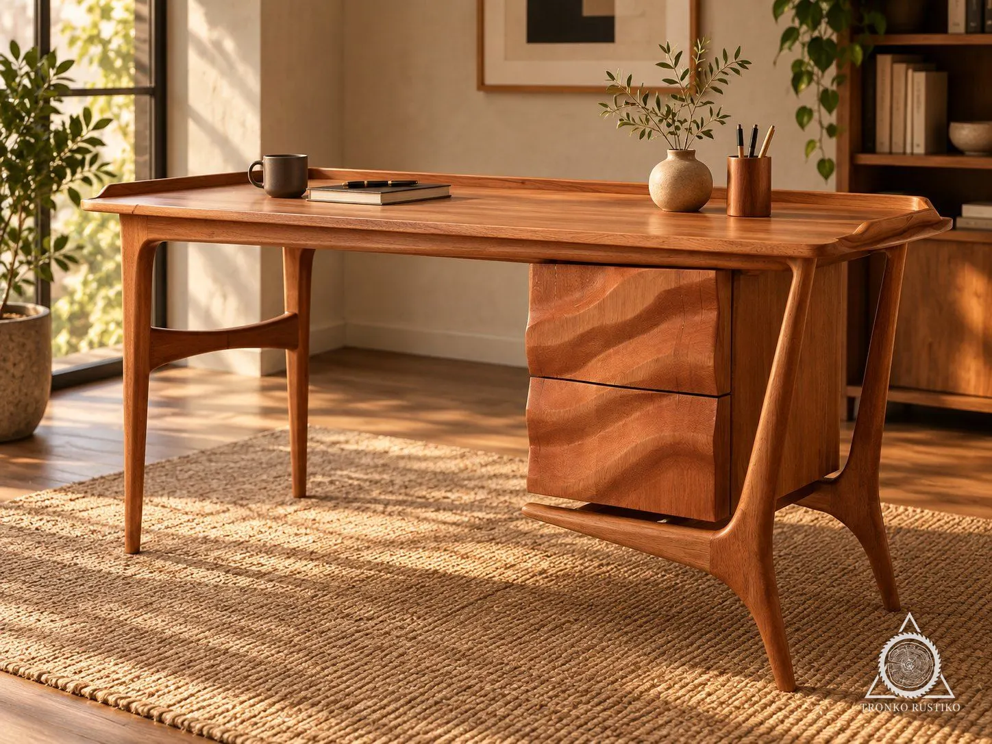 Escritorio de madera de estilo mid-century con patas esculpidas y dos cajones suspendidos de frente tallado, en una oficina luminosa.