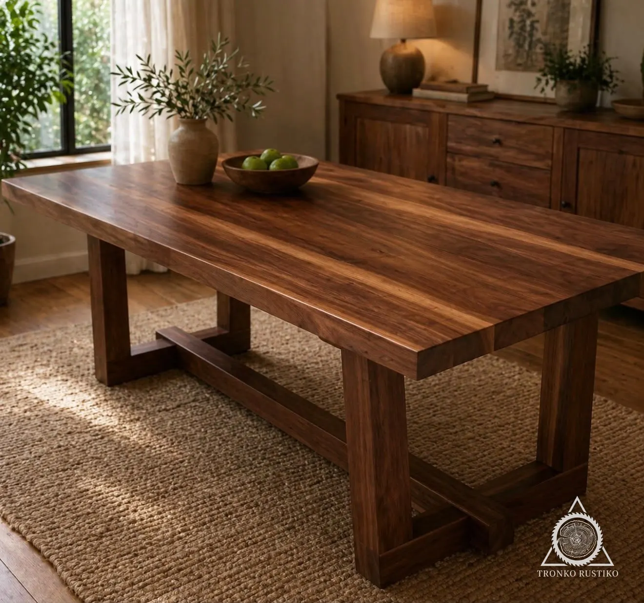 Mesa de comedor de madera oscura con cubierta gruesa, patas rectas y travesaños inferiores, en un comedor.