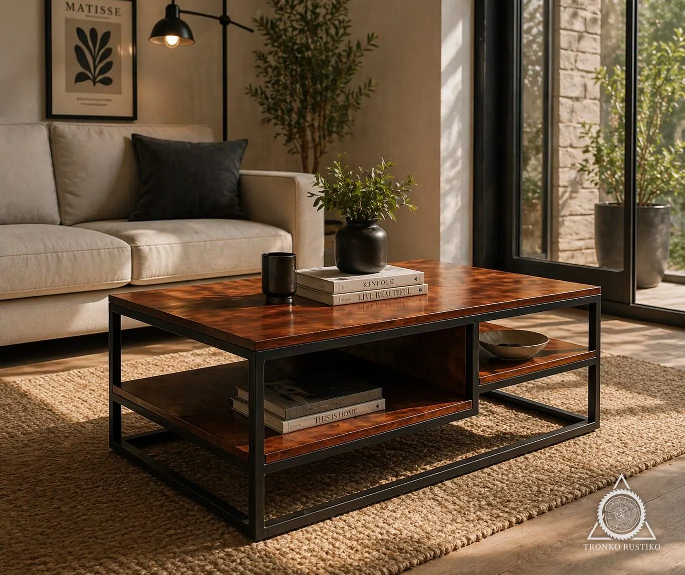Mesa de centro con estructura de fierro negro, cubierta de madera rojiza y repisa inferior.