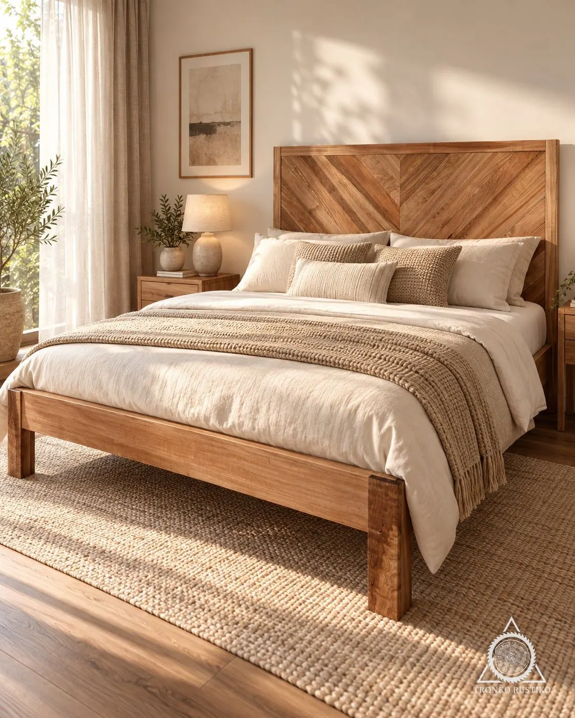 Cama de dos plazas de madera con respaldo de tablas en espiga, vestida con ropa de cama clara en un dormitorio luminoso.