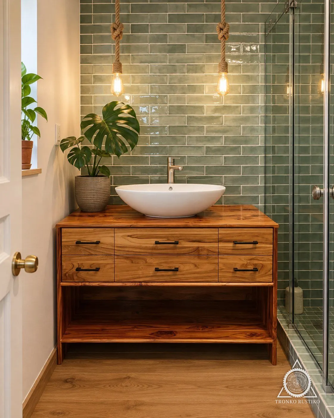 Vanitorio de madera con seis cajones de tiradores negros, repisa abierta abajo y lavamanos blanco sobrepuesto, en un baño de azulejos verdes.