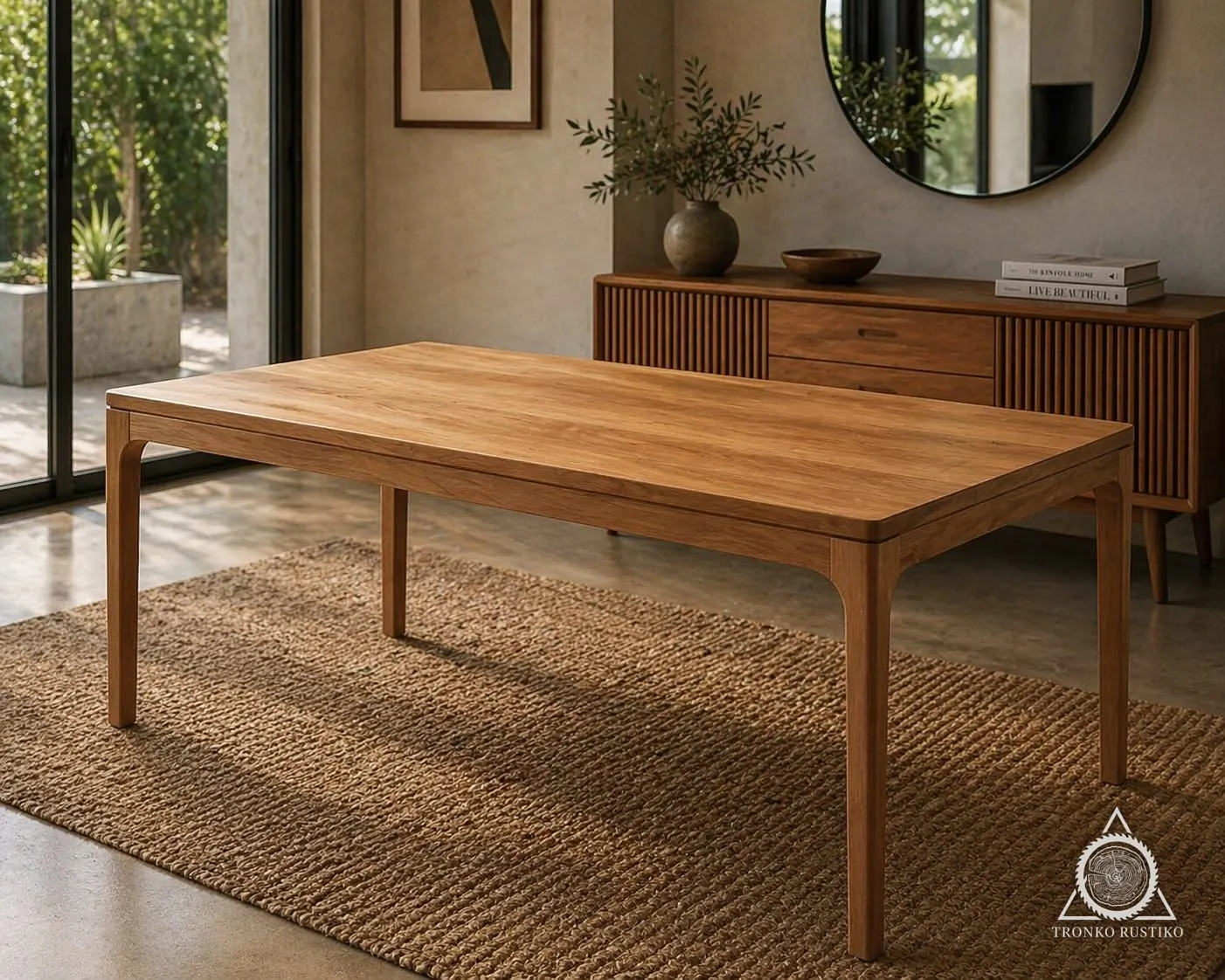 Mesa de comedor rectangular de madera con cantos redondeados y patas finas unidas en curva.