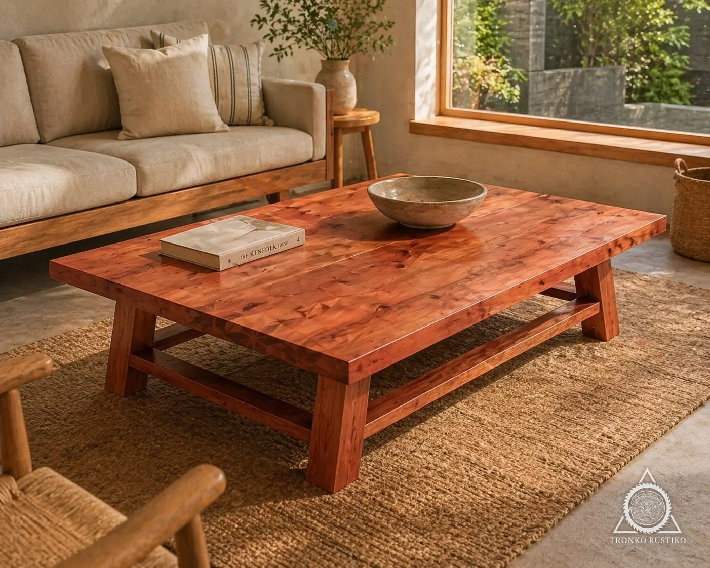Mesa de centro baja de madera rojiza con cubierta gruesa y patas robustas unidas por travesaños.