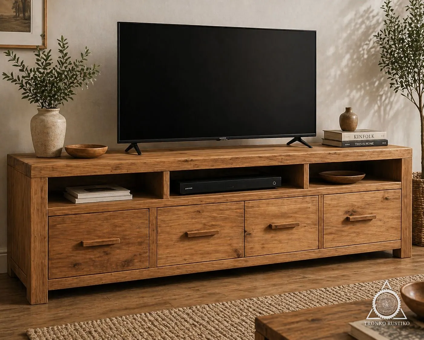 Rack de TV de madera rústica con nichos abiertos arriba y cuatro cajones abajo.