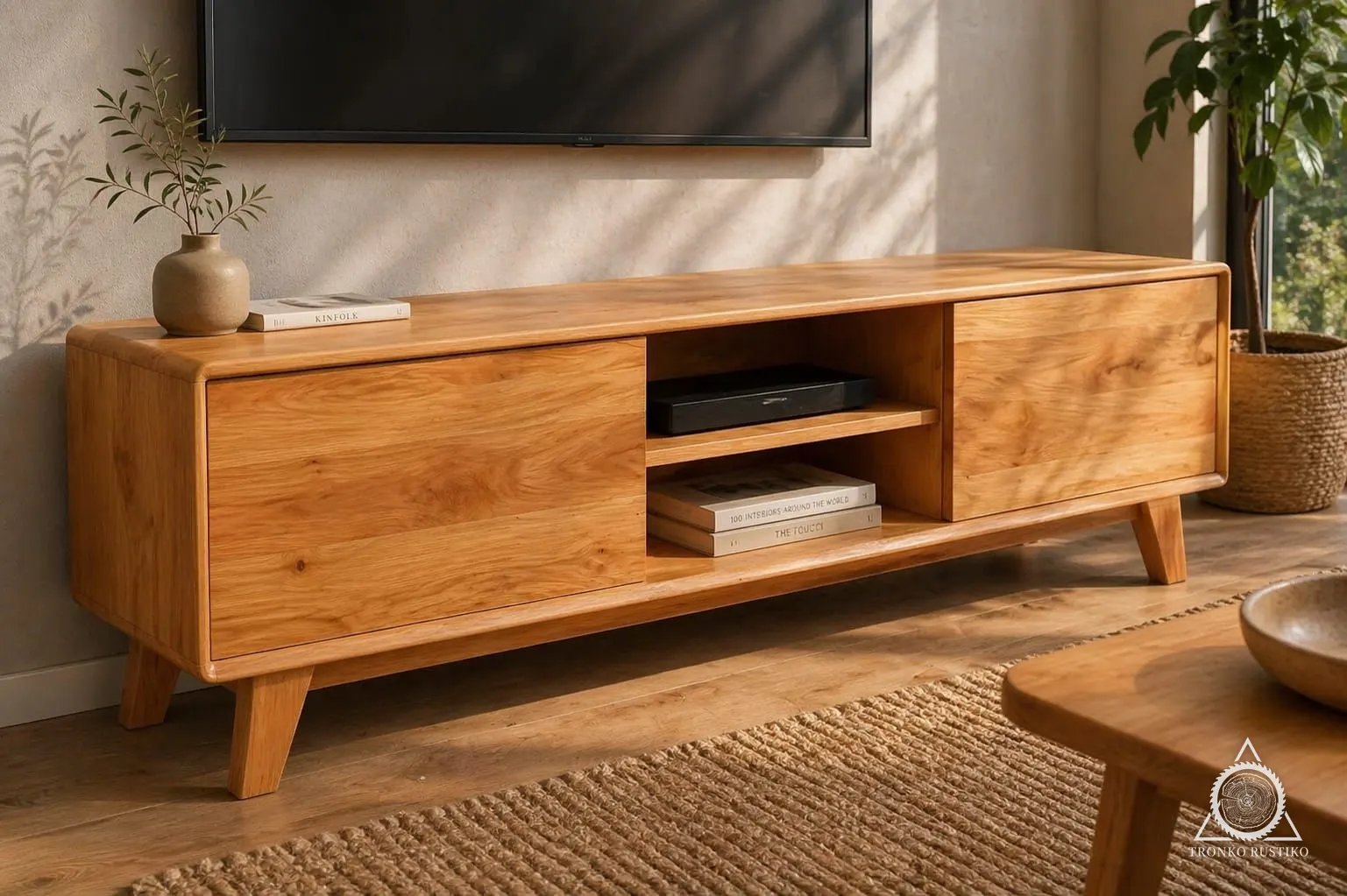 Rack de TV de madera con esquinas redondeadas, puertas a los lados, nicho central para equipos y patas inclinadas.