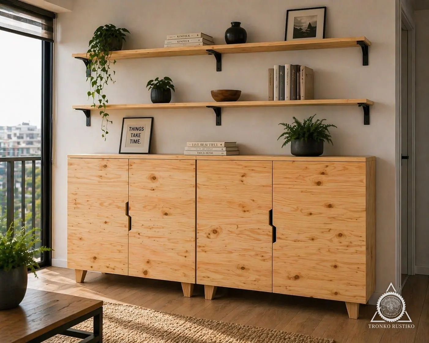 Arrimo largo de madera clara con cuatro puertas lisas y tiradores rebajados, bajo dos repisas de muro.