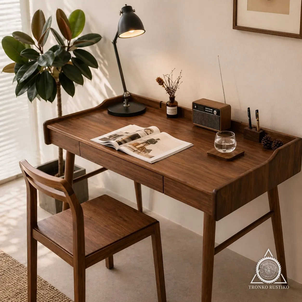 Escritorio de madera oscura con bordes elevados, cajón bajo la cubierta y patas finas, con una silla a juego.