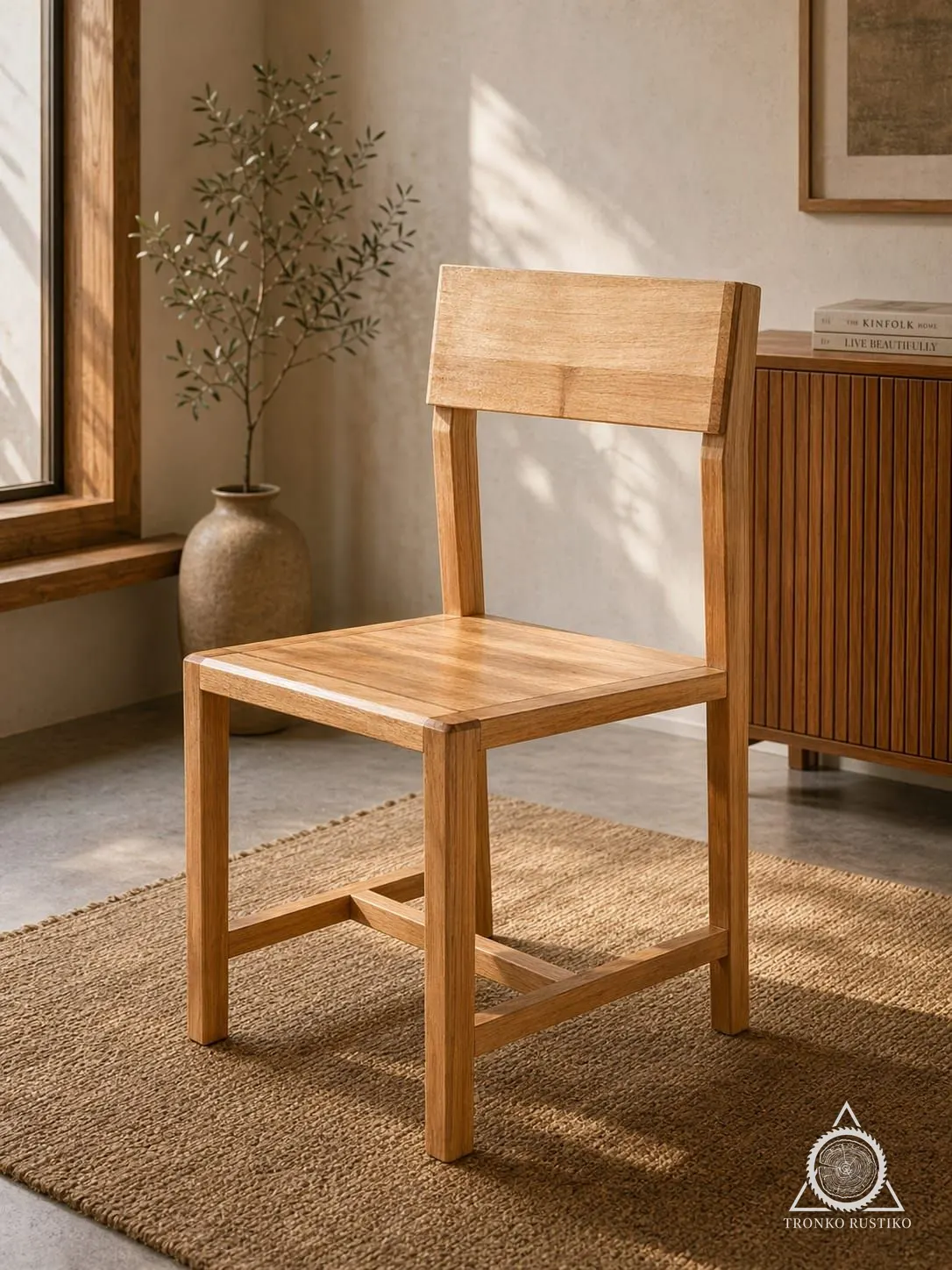 Silla de madera clara de líneas rectas, con respaldo de tabla y travesaños bajos.