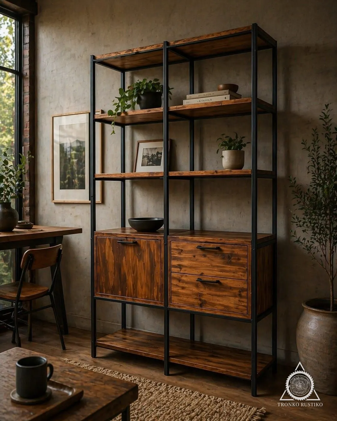 Librero con estructura de fierro negro, repisas de madera y un módulo con puerta y cajones.
