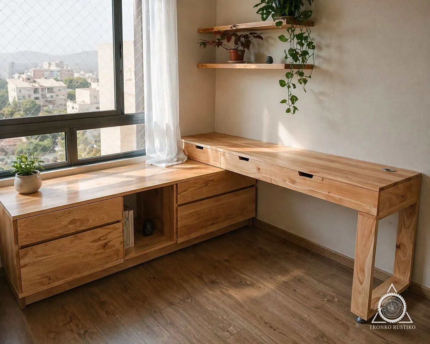 Escritorio en L de madera clara junto a una ventana, con cajones a ambos lados y dos repisas flotantes en el muro.