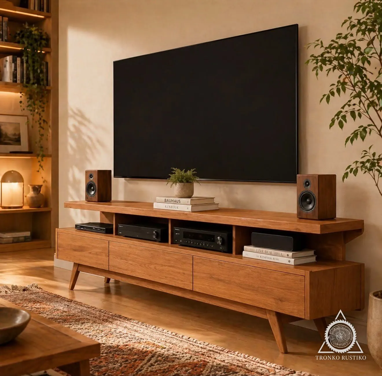 Rack de madera de estilo mid-century con nichos superiores para equipos de audio, cajones abajo y patas inclinadas, bajo un televisor.