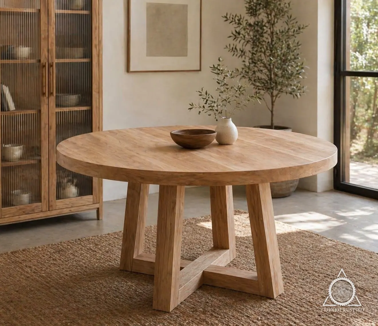 Mesa de comedor redonda de madera clara con base central de patas inclinadas y travesaños entrecruzados.