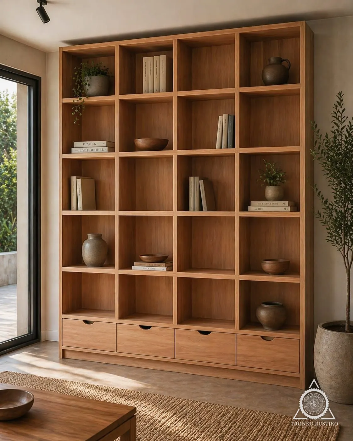 Biblioteca de madera de muro completo con nichos cuadrados y cuatro cajones en la base.