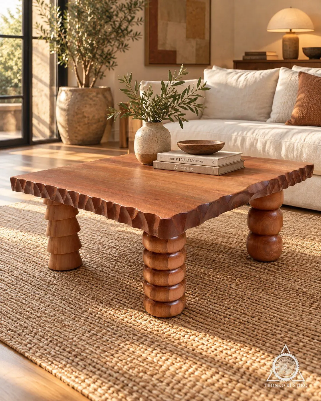 Mesa de centro cuadrada de madera con bordes tallados y patas torneadas de formas escultóricas, en un living.